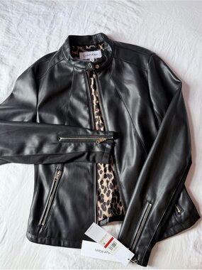 Calvin Klein Black Faux Leather Jacket with Leopard Trim